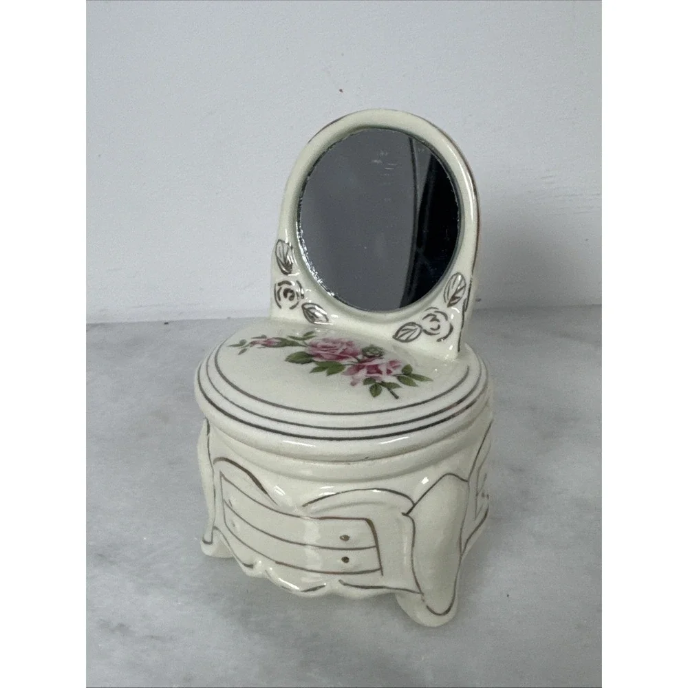 Vintage Porcelain Vanity Trinket Box with Mirror